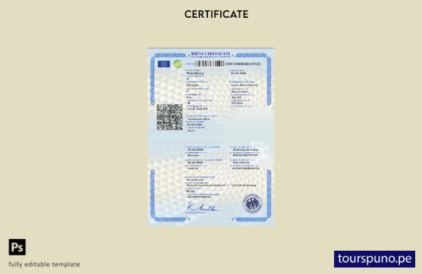 Plantilla de certificado de nacimiento de Alemania lista para imprimir en format